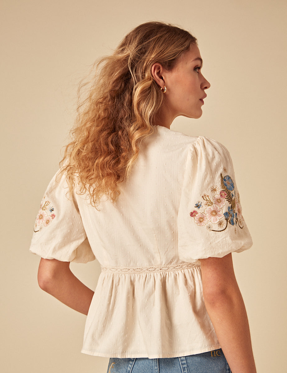 Elizabeth Scarlett Cream Floral Embroidered Nora Top