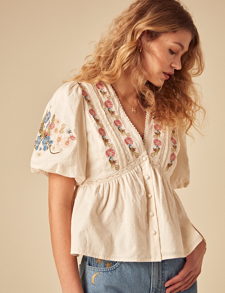 Elizabeth Scarlett Cream Floral Embroidered Nora Top