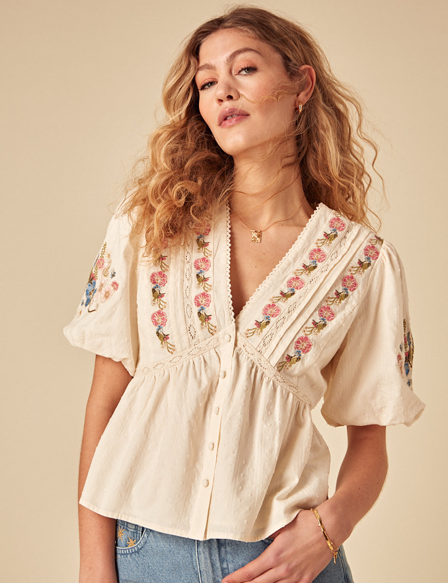 Elizabeth Scarlett Cream Floral Embroidered Nora Top