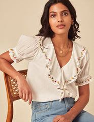 Elizabeth Scarlett White Floral Embroidered Whitney Top