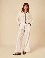 Cream Contrast Trim Knitted Cardigan