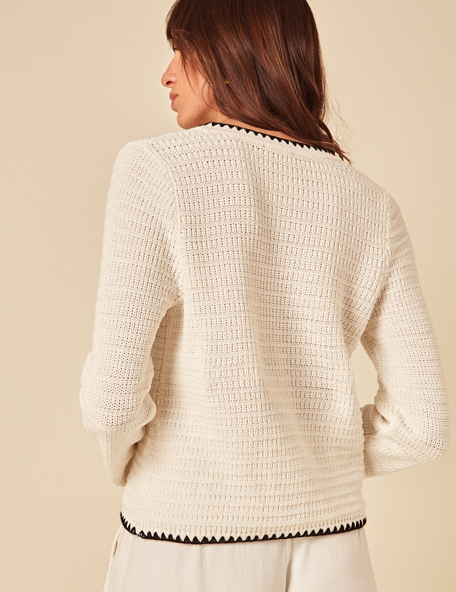 Cream Contrast Trim Knitted Cardigan