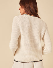 Cream Contrast Trim Knitted Cardigan
