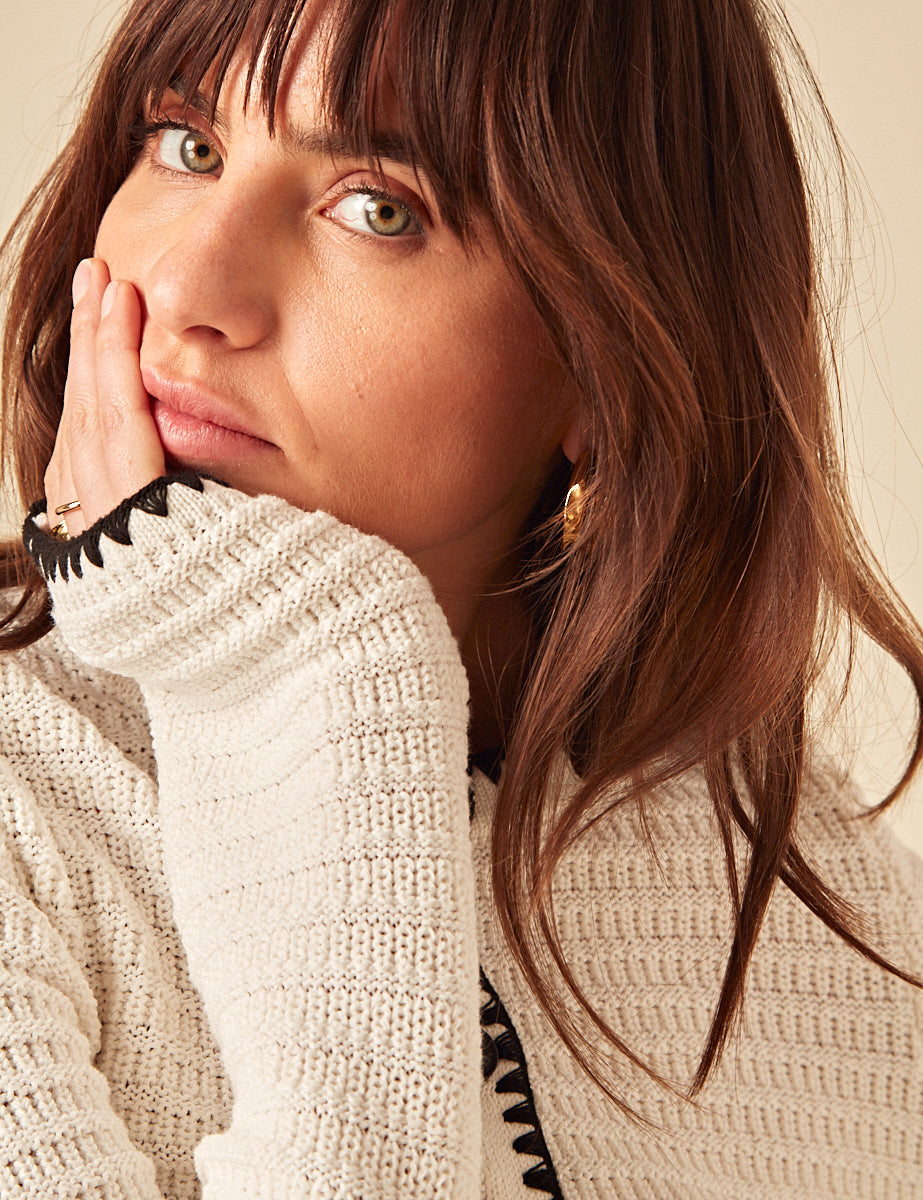 Cream Contrast Trim Knitted Cardigan