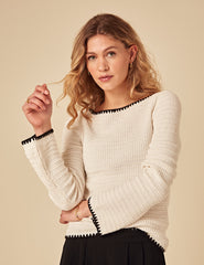 Cream Contrast Trim Knitted Jumper