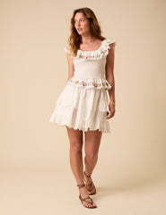 White Floral Embroidered Shirred Top