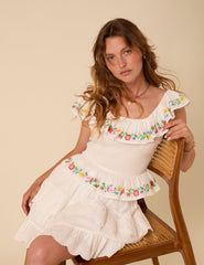 White Floral Embroidered Shirred Top