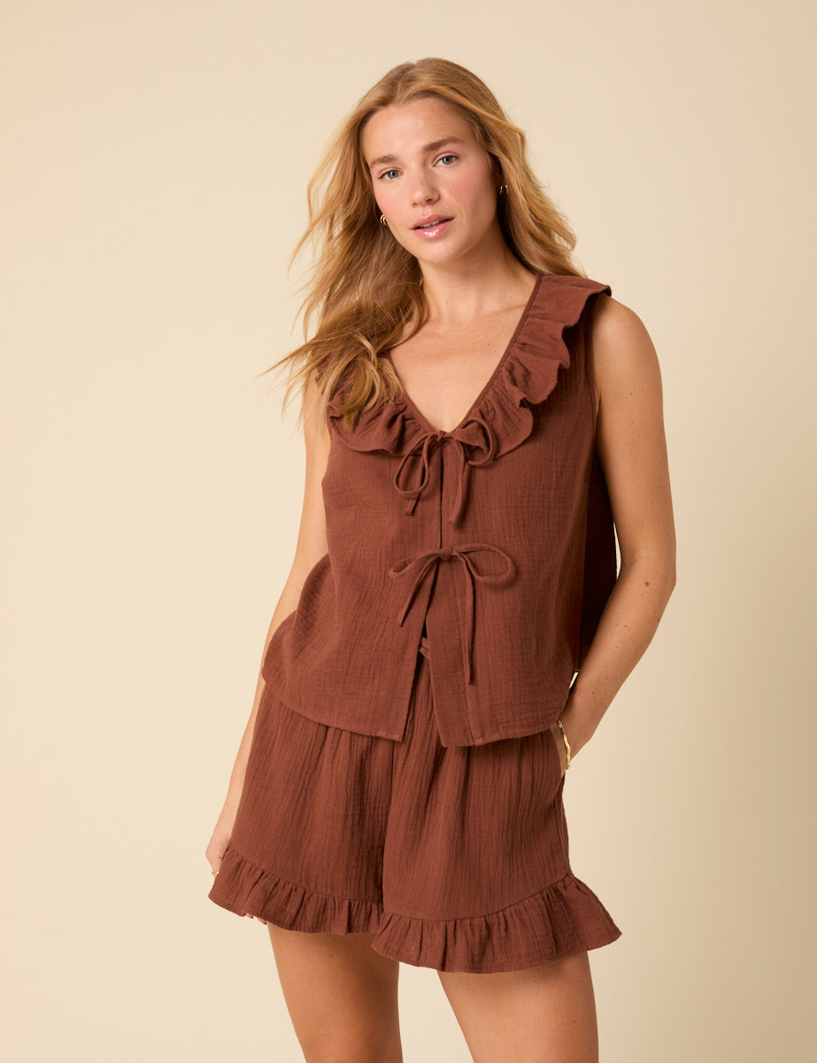 Brown Tie Front Ruffle Top