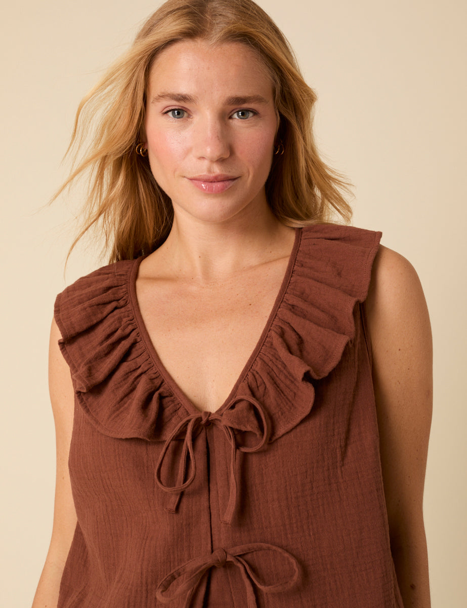 Brown Tie Front Ruffle Top