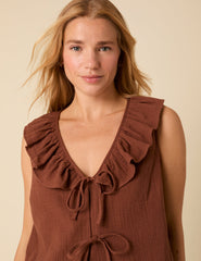 Brown Tie Front Ruffle Top