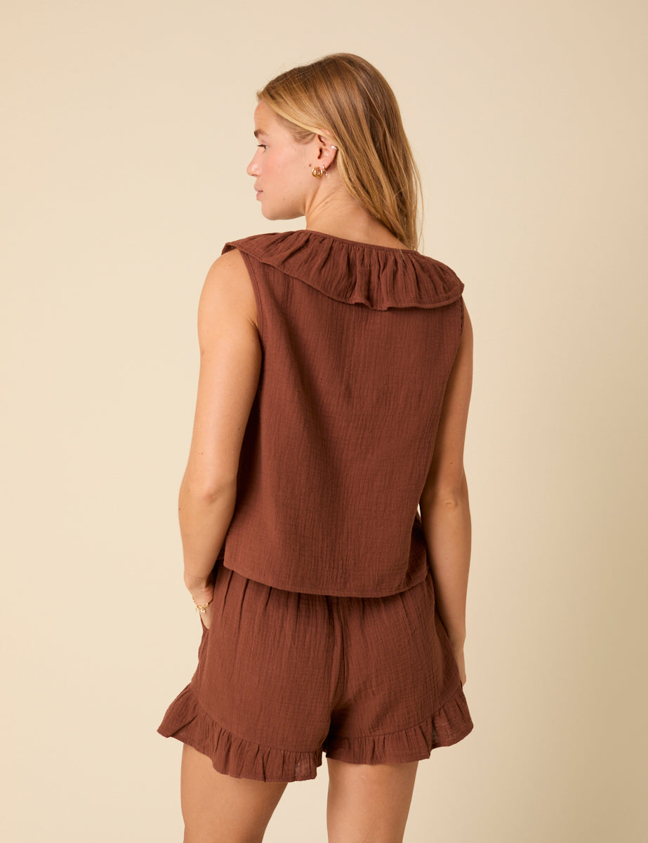 Brown Tie Front Ruffle Top