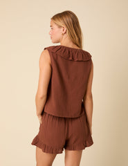 Brown Tie Front Ruffle Top