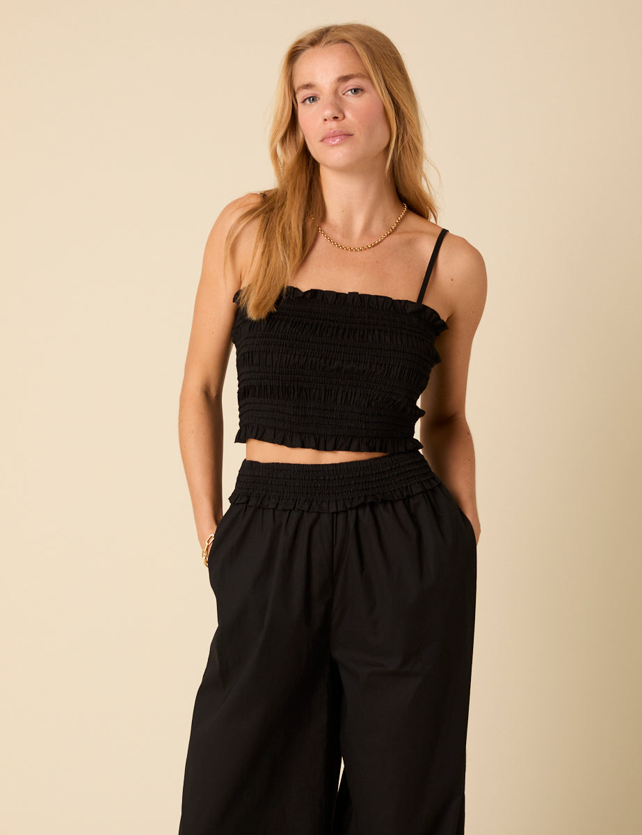 Black Shirred Bandeau Top