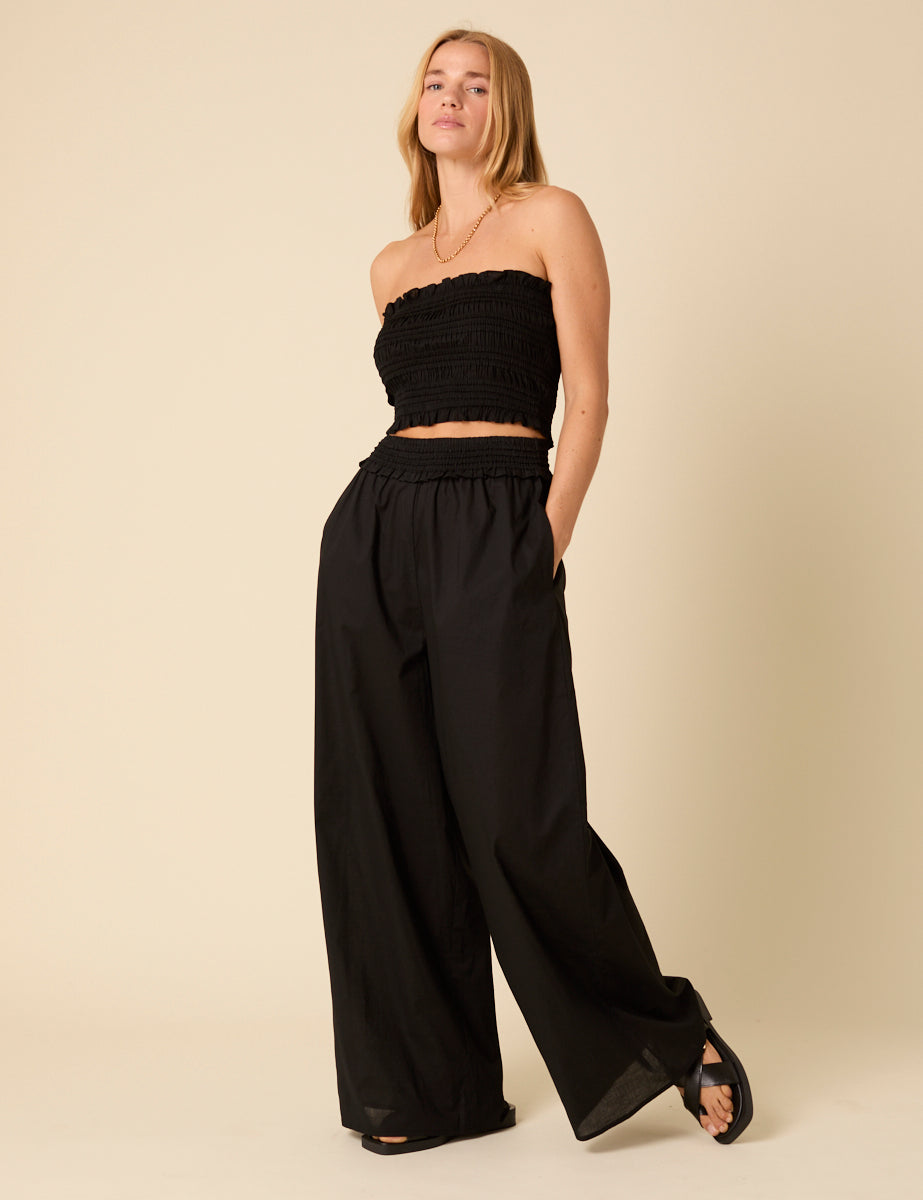 Black Shirred Bandeau Top