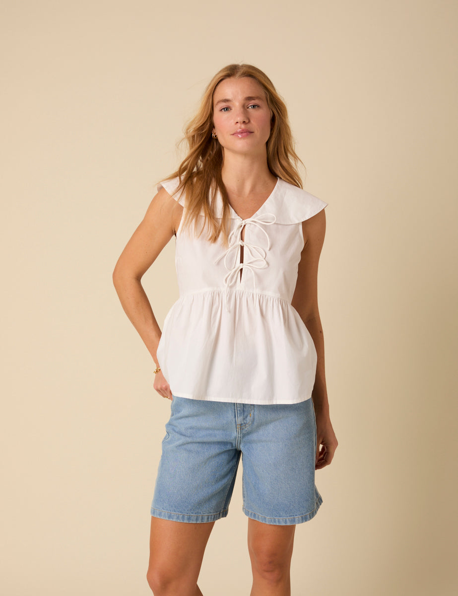 White Tie Front Collared Blouse