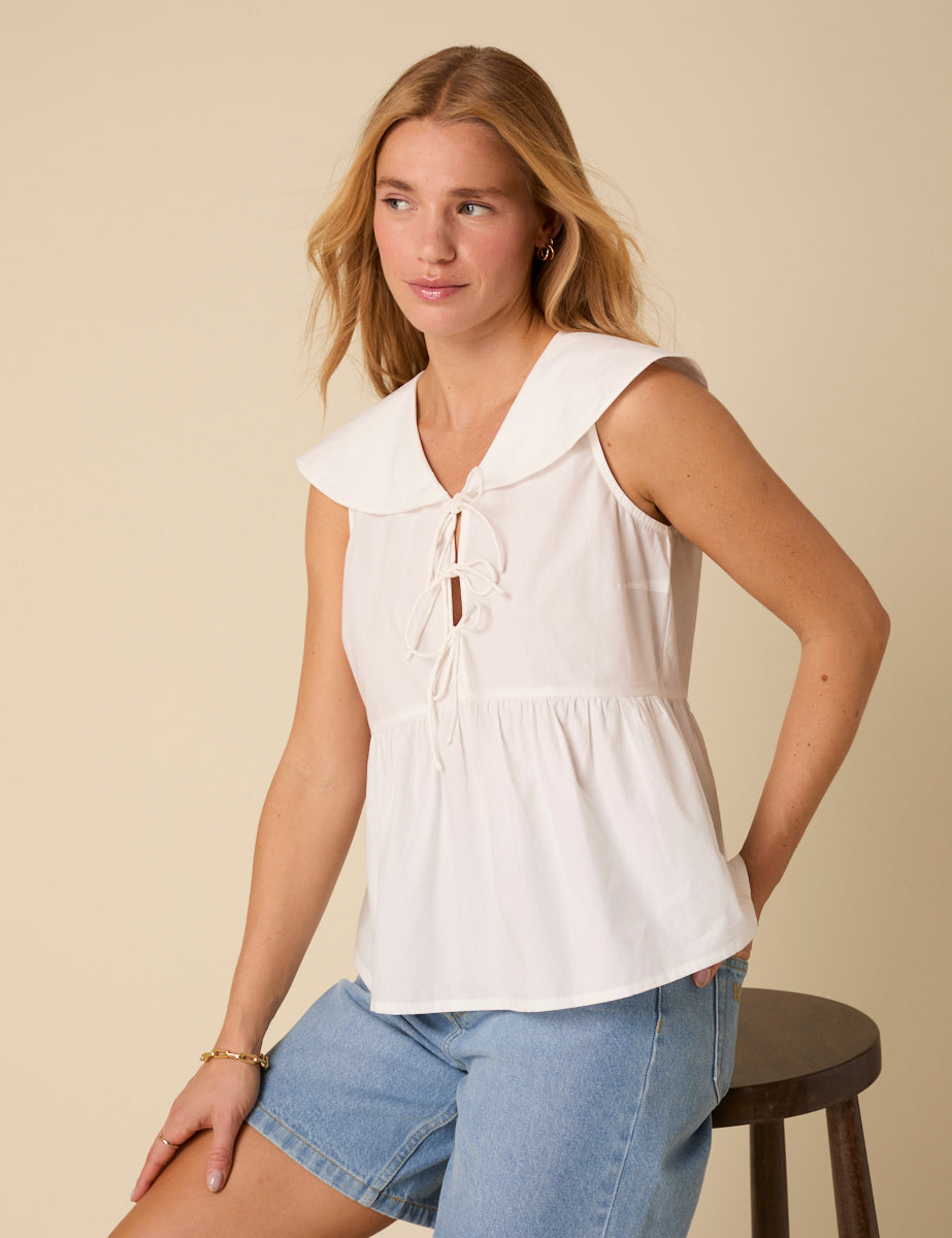 White Tie Front Collared Blouse