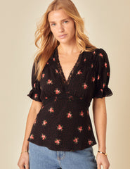 Black Floral Printed Puff Sleeve Top