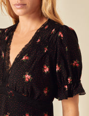Black Floral Printed Puff Sleeve Top