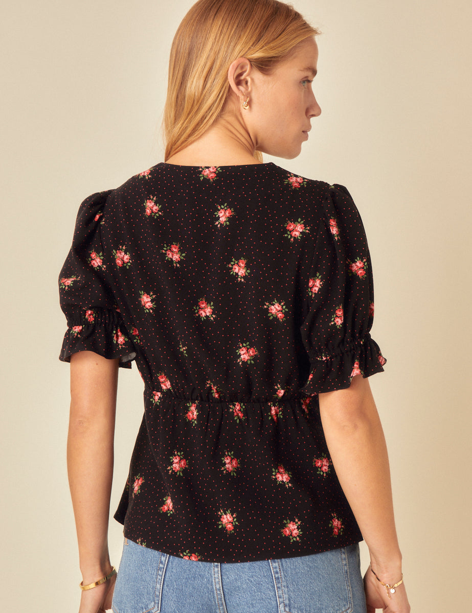 Black Floral Printed Puff Sleeve Top