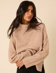 Beige Roll Neck Relaxed Knitted Jumper