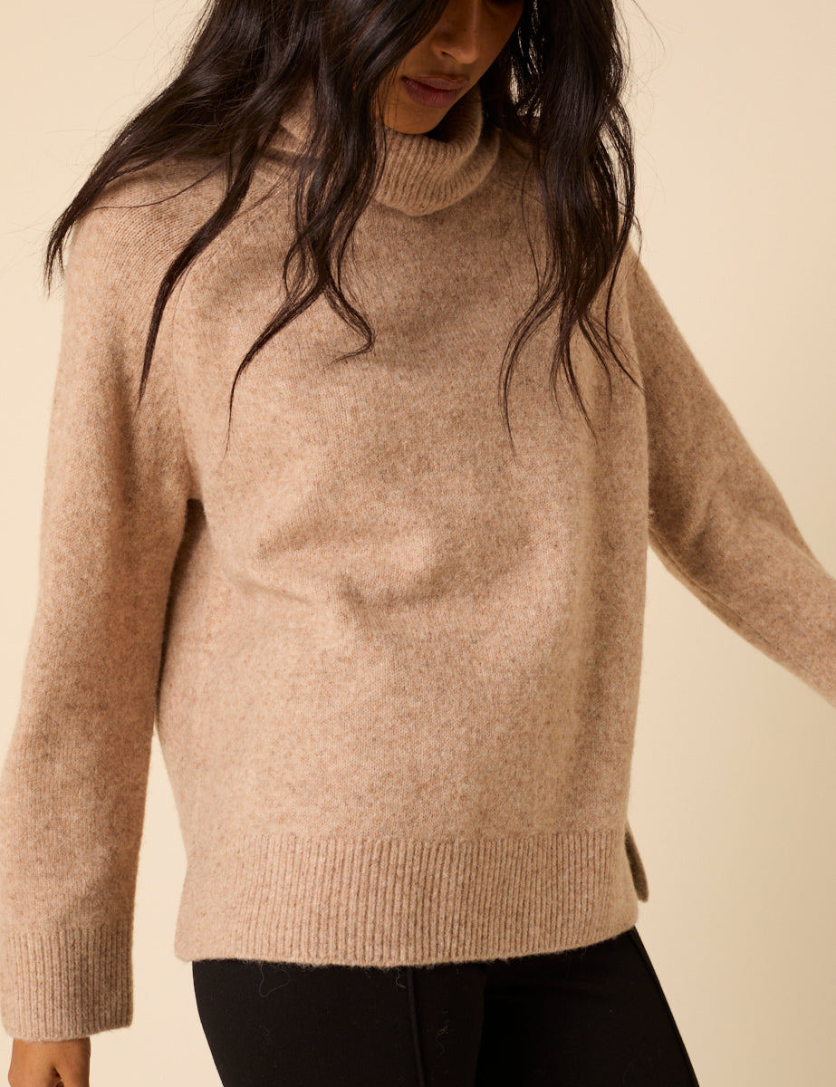 Beige Roll Neck Relaxed Knitted Jumper