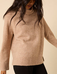 Beige Roll Neck Relaxed Knitted Jumper
