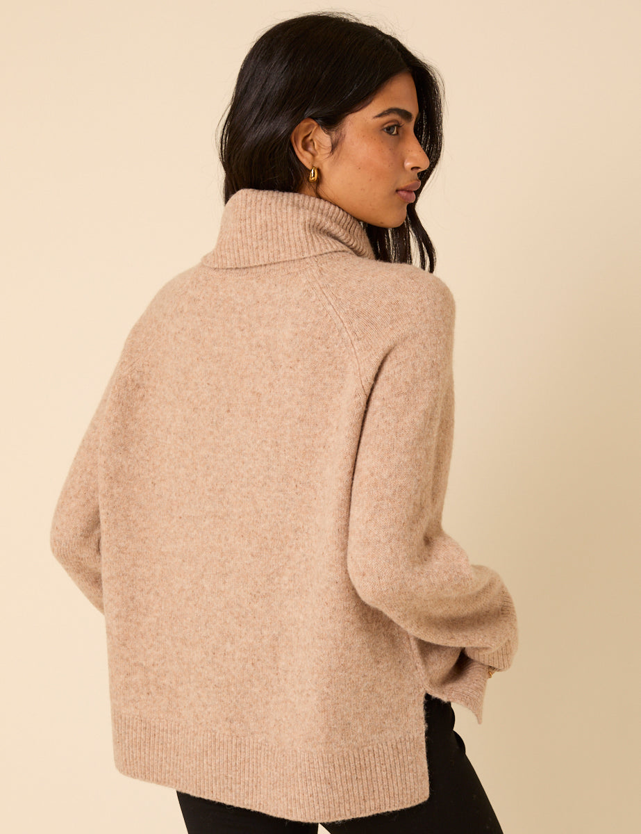Beige Roll Neck Relaxed Knitted Jumper