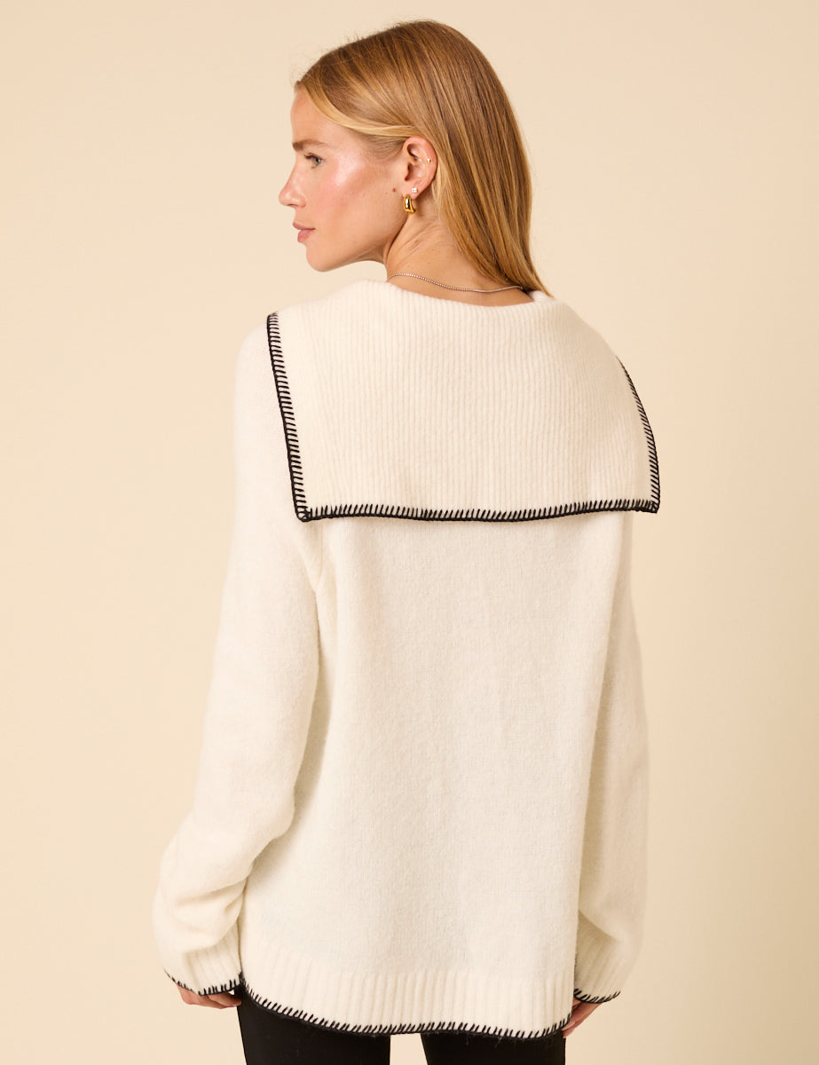 White Sailor Collar Relaxed Jumper