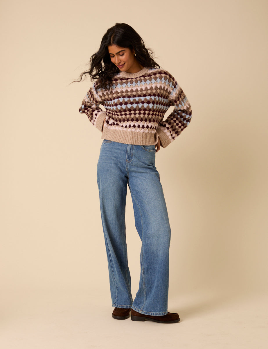 Multi Textured Round Neck Striped Jumper