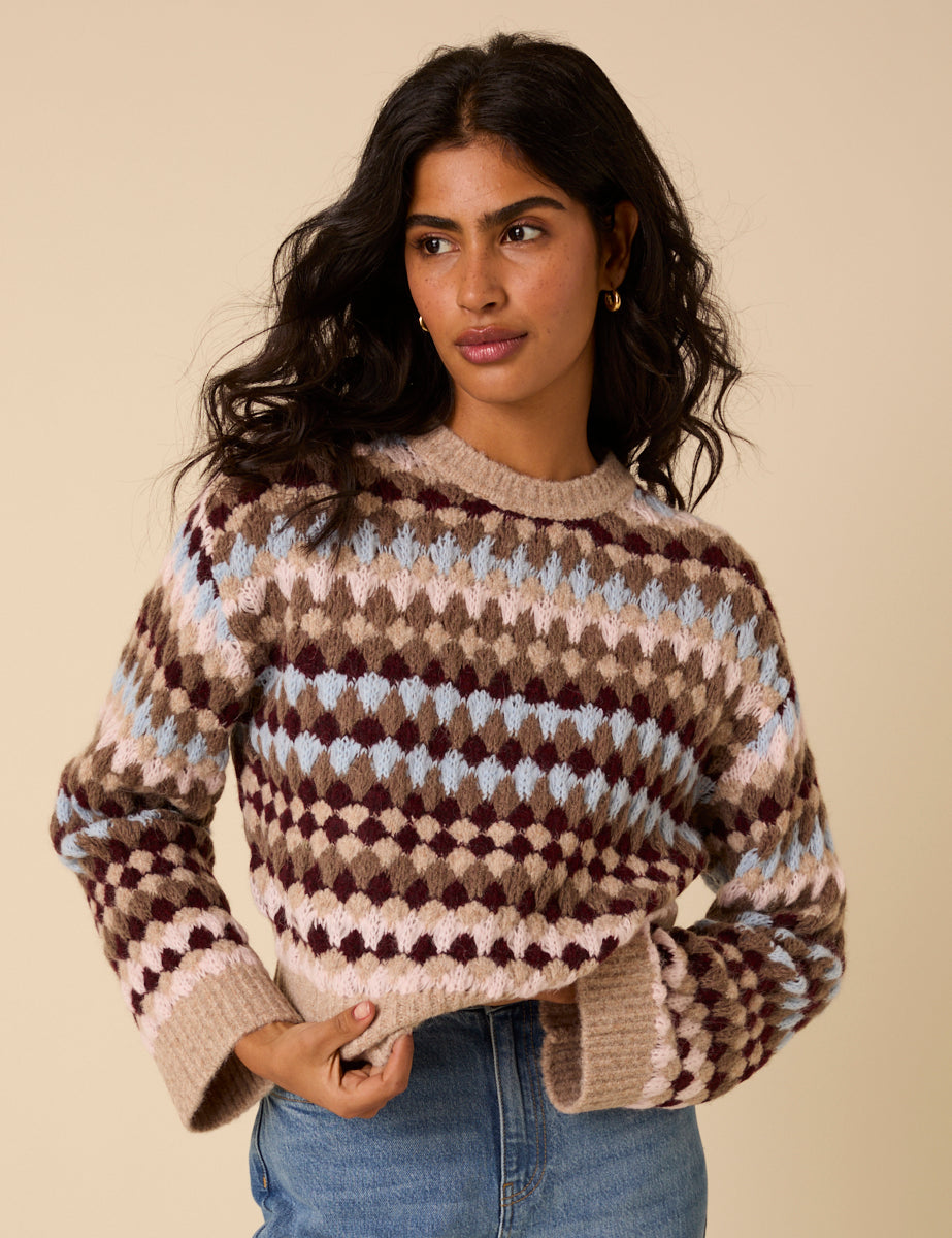 Multi Textured Round Neck Striped Jumper