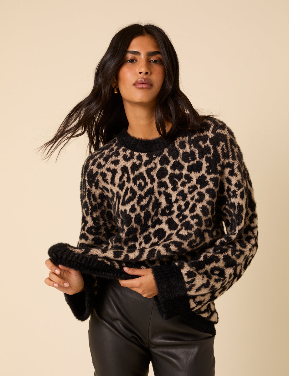 Brown Leopard Print Oversized Jumper