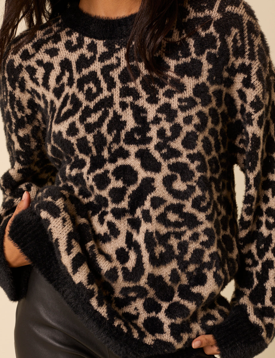 Brown Leopard Print Oversized Jumper