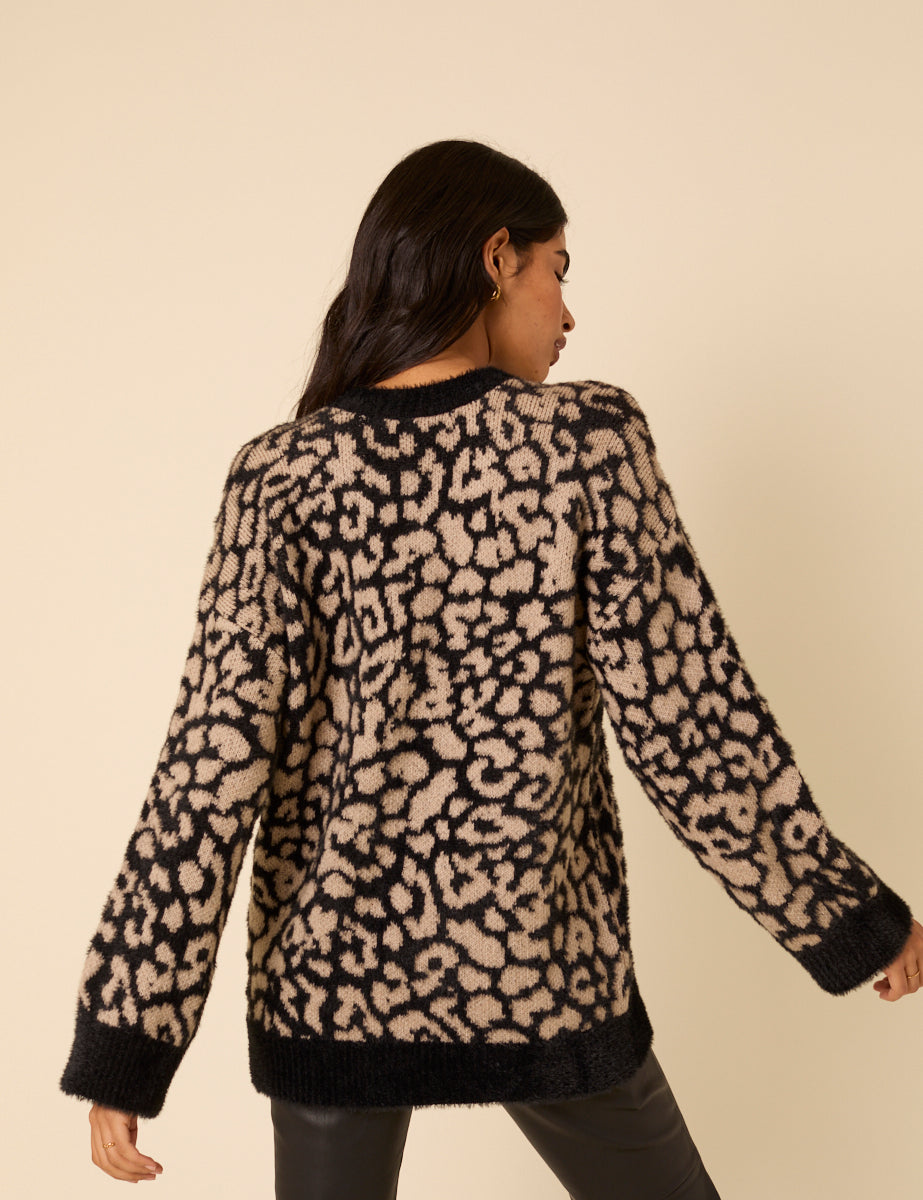Brown Leopard Print Oversized Jumper