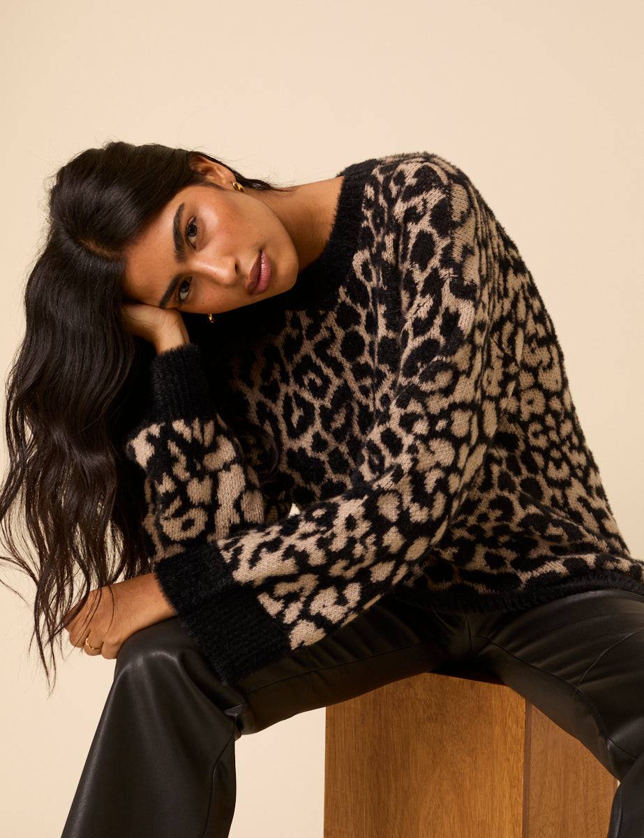 Brown Leopard Print Oversized Jumper