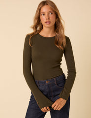 Khaki Green Rib Knitted Long Sleeve Top