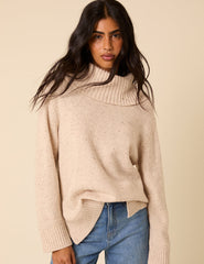Beige Wool Blend Roll Neck Jumper
