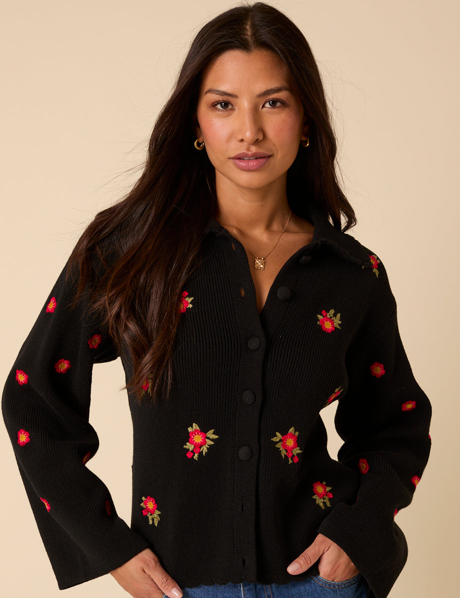 Black Floral Embroidered Collared Cardigan