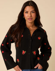 Black Floral Embroidered Collared Cardigan