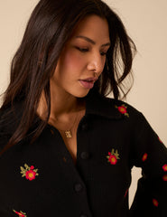 Black Floral Embroidered Collared Cardigan
