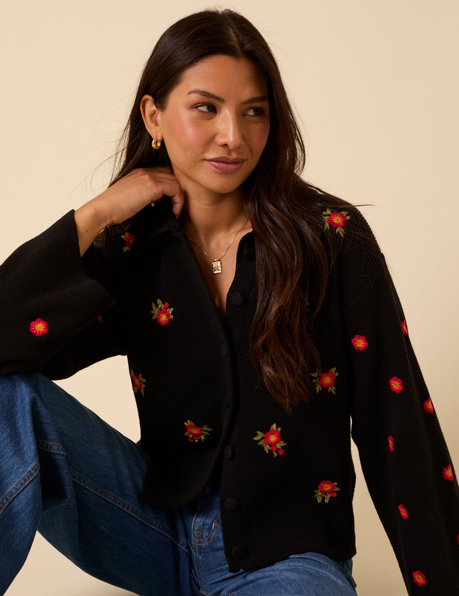 Black Floral Embroidered Collared Cardigan