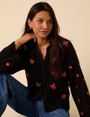 Black Floral Embroidered Collared Cardigan