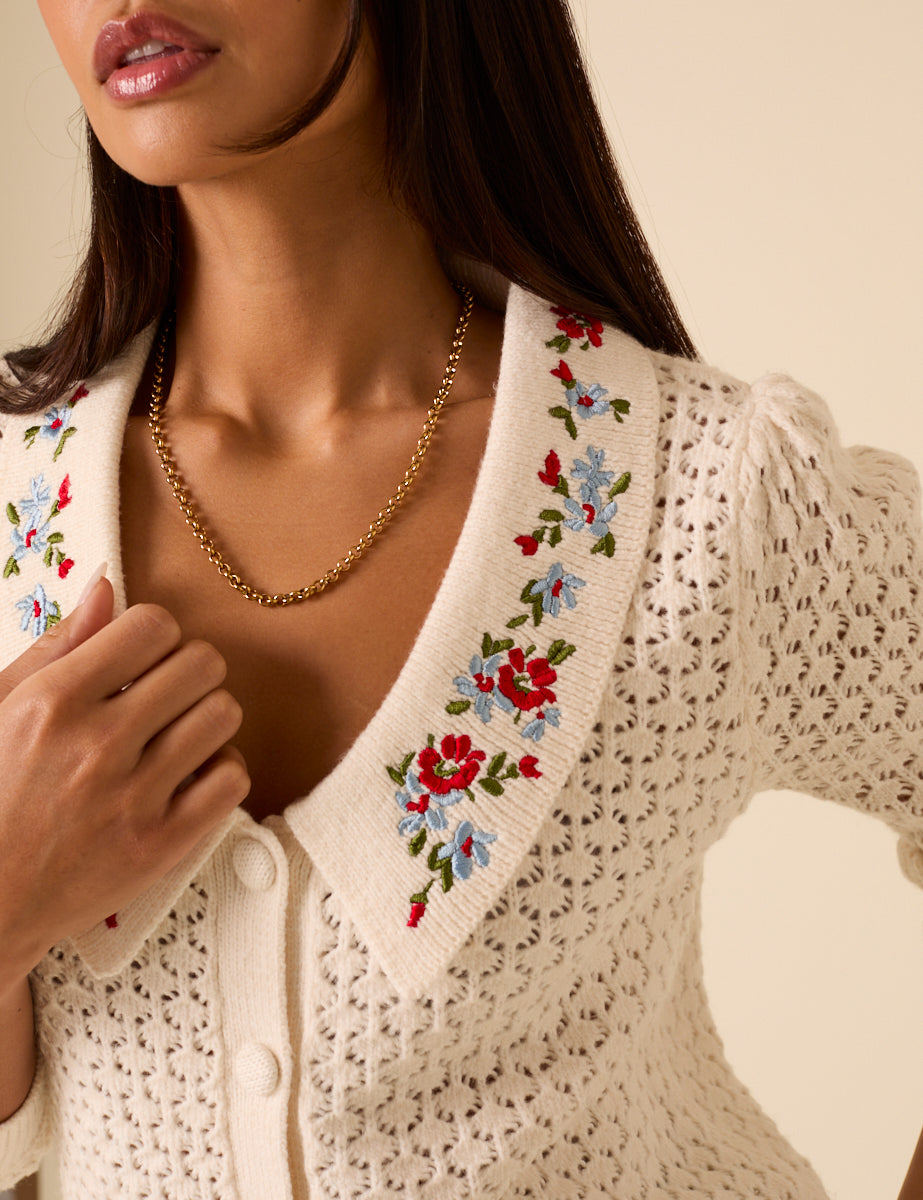 White Embroidered Pointelle Cardigan