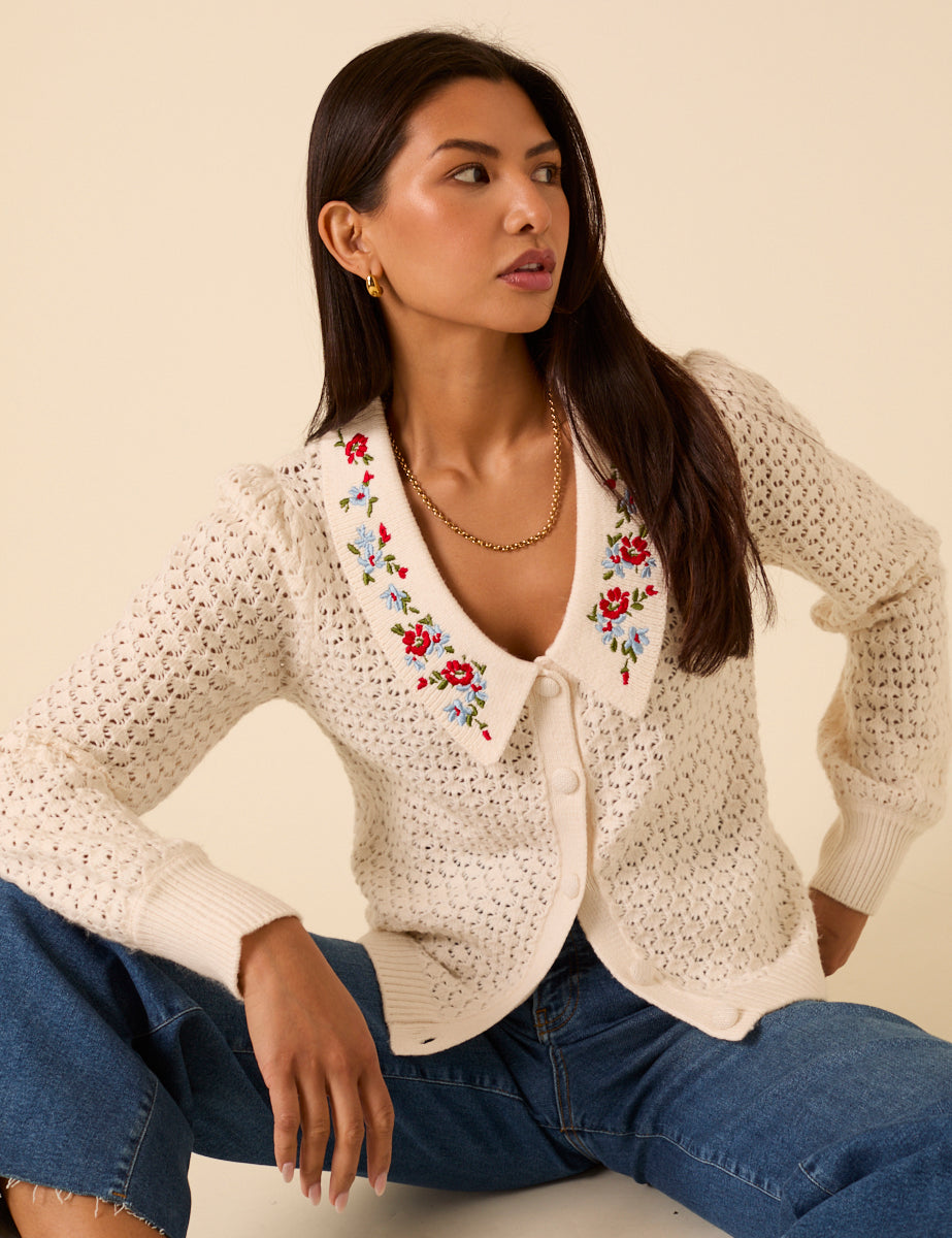 White Embroidered Pointelle Cardigan