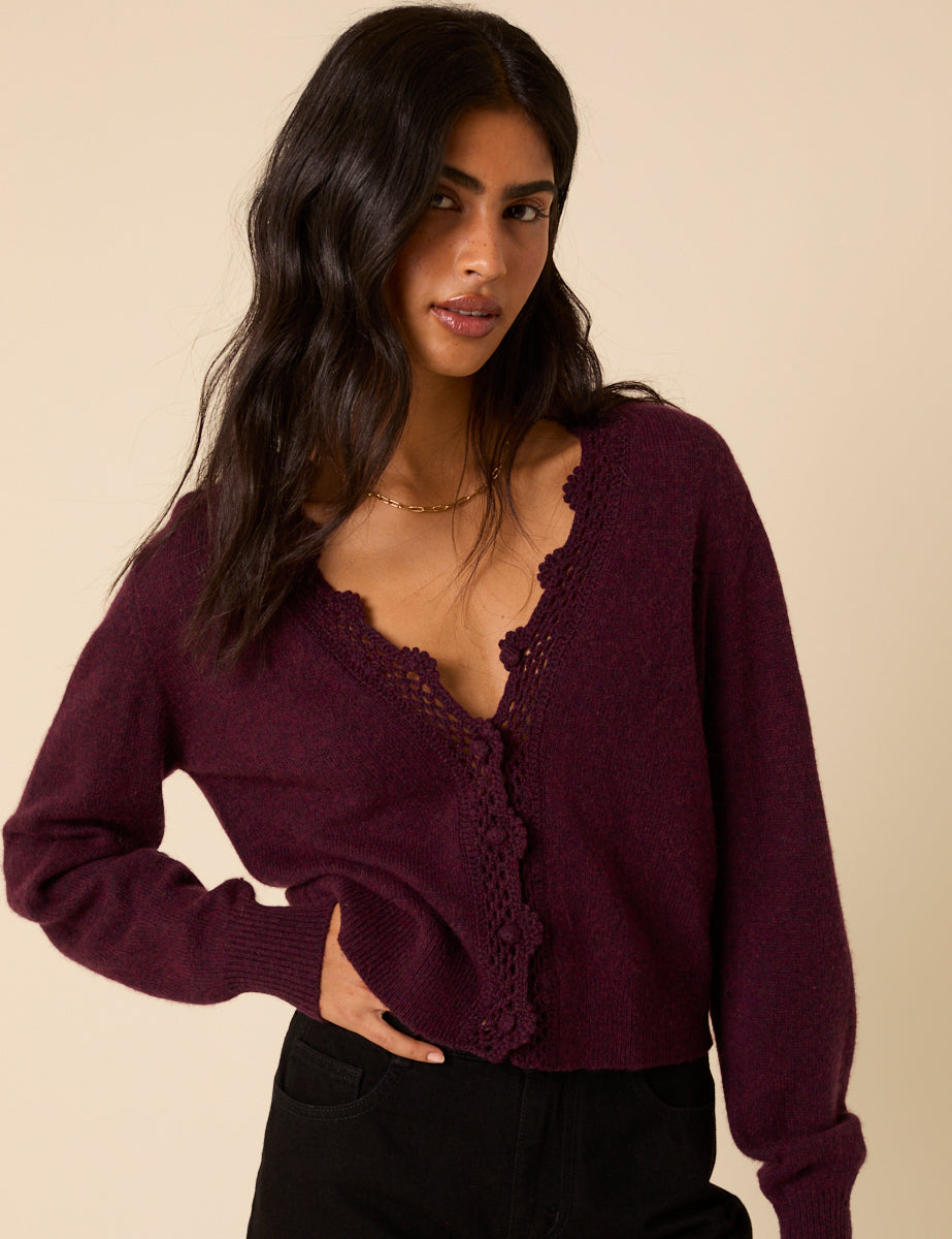 Burgundy Crochet Trim Knitted Cardigan