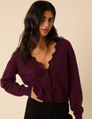 Burgundy Crochet Trim Knitted Cardigan