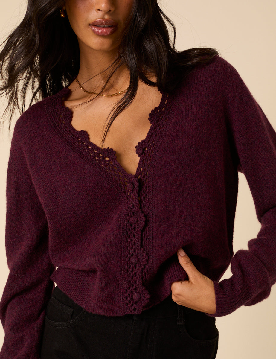 Burgundy Crochet Trim Knitted Cardigan
