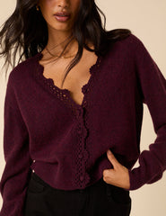Burgundy Crochet Trim Knitted Cardigan