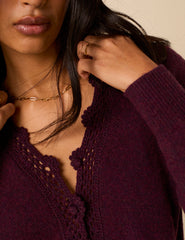Burgundy Crochet Trim Knitted Cardigan