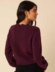 Burgundy Crochet Trim Knitted Cardigan