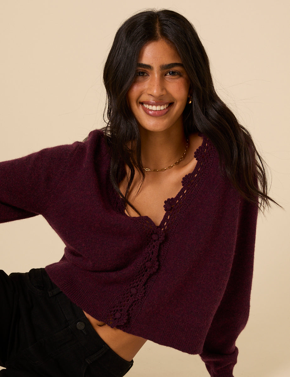 Burgundy Crochet Trim Knitted Cardigan